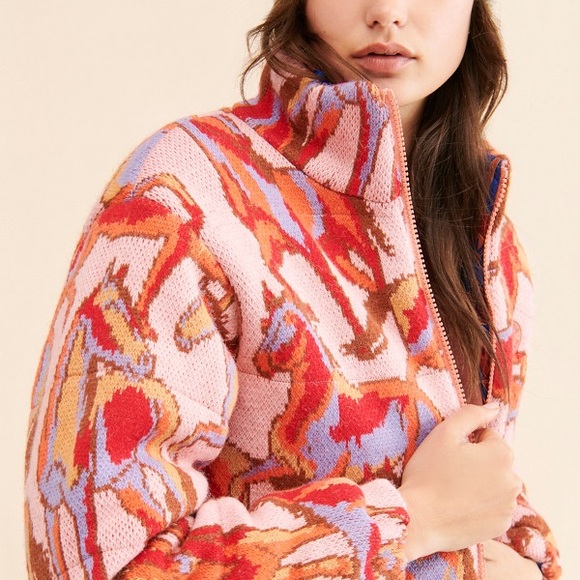 Farm Rio Wild Horses Mushroom Reversible Tricot Puffer Jacket - Picture 3 of 9